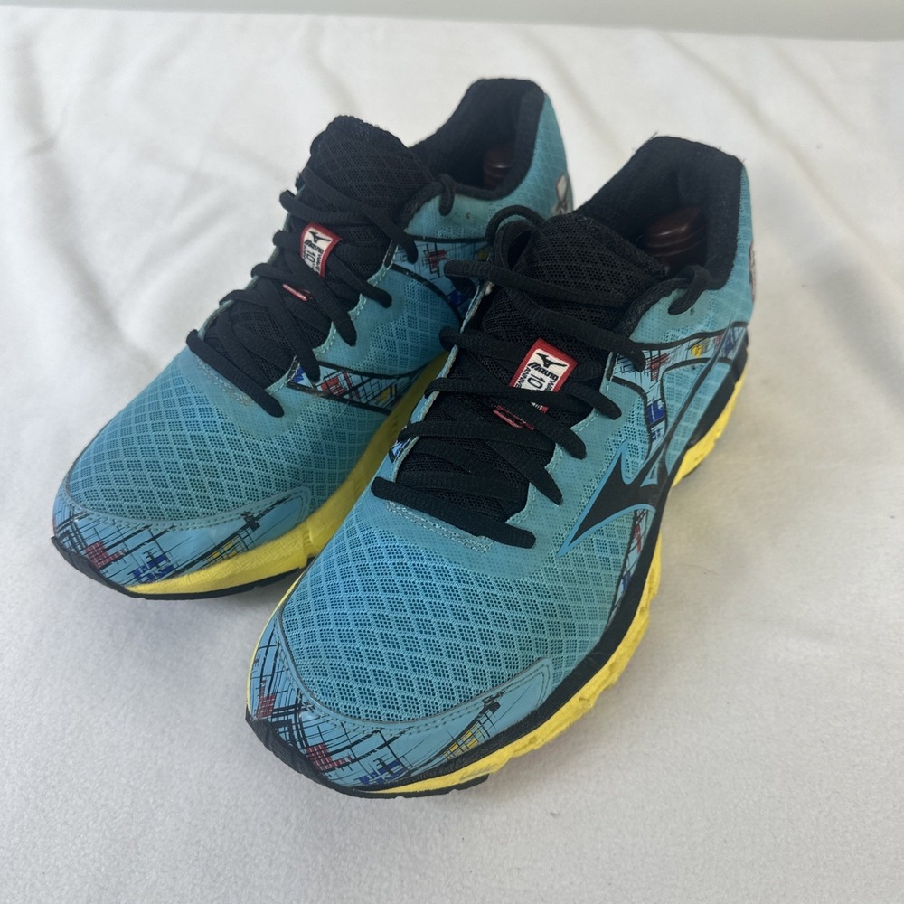 Mizuno Wave Inspire 10 Shoes Womens Size 9.5 Blue Yellow Running Mesh Sneakers